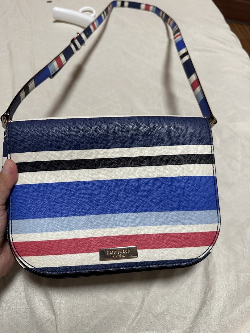Kate Spade Striped Crossbody Bag (Category: Cross-body Bags) located in Cotabato. Submitted by pawpaw1027 (Listing ID 1462363391, Image 2). Description: - Cute Kate Spade crossbody bag - Fun stripe pattern (blue, red, white, black) - Interior with Kate Spade logo pattern - Snap closure on front and inside - Adjustable strap - Great for everyday use.