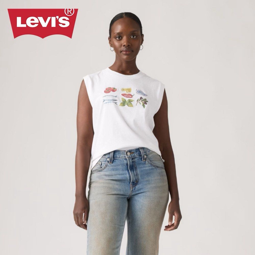 Levi's White Sleeveless Tank Top (Category: Shirts) located in Pasig City. Submitted by luckyvicky_ (Listing ID 1462301371, Image 1). Description: - White sleeveless tee from Levi's - Features a vibrant graphic print with tomatoes, lemon, chili pepper, sardines, oyster, olives, and basil - Muscle tee style - Ideal for a casual and stylish look.