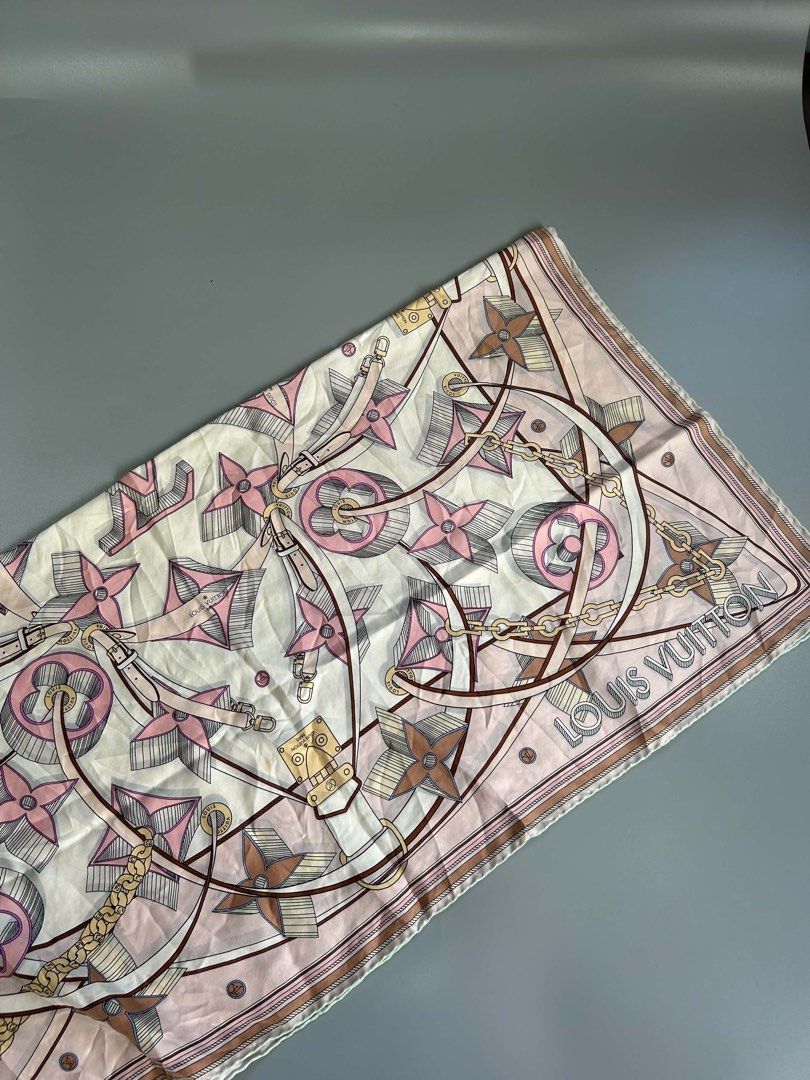 Louis Vuitton Silk Scarf Monogram Pink (Category: Scarves) located in Manila. Submitted by heycessygirl (Listing ID 1462394869, Image 3). Description: - Authentic Louis Vuitton scarf - Iconic monogram pattern with pink and gold accents - Made of silk - Versatile accessory to elevate any outfit Need wash.