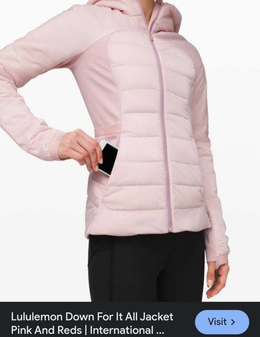 Lululemon Down For It All Jacket Misty Rose (Category: Coats, Jackets and Outerwear) located in Manila. Submitted by PrinceDani.Clothing (Listing ID 1462392528, Image 1). Description: lululemon down for all jacket Medium to large fit 19in width 25in length issue: minimal stain excellent condition .