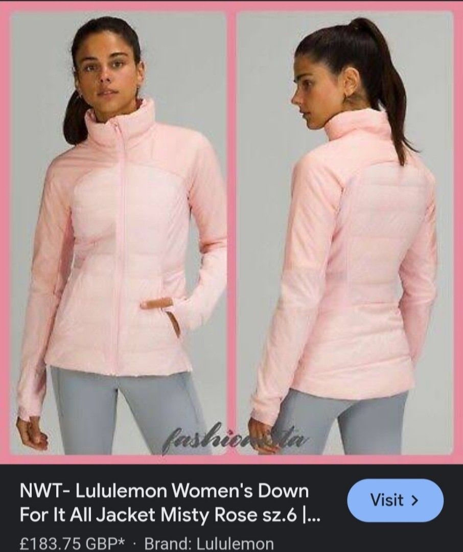 Lululemon Down For It All Jacket Misty Rose (Category: Coats, Jackets and Outerwear) located in Manila. Submitted by PrinceDani.Clothing (Listing ID 1462392528, Image 2). Description: lululemon down for all jacket Medium to large fit 19in width 25in length issue: minimal stain excellent condition .