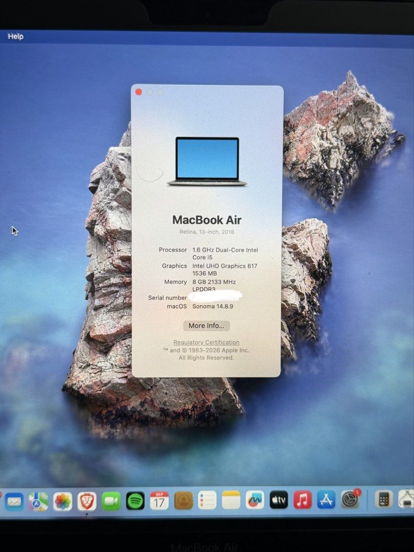Macbook Air 13 2018 Retina (Category: Laptops & Notebooks) located in Las Pinas. Submitted by youngflower_08 (Listing ID 1462373939, Image 2). Description: For sale only! Last price Posted! 📍Cavite Macbook Air 13” 2018 Retina Mac OS Sonoma Version 14.8.9 1.6GHz Dual Core intel Core i5 718 CC only ( up to 5 hours battery) depends on usage Issue: keyboard backlight only All keys working| touch id working With Black case only! .