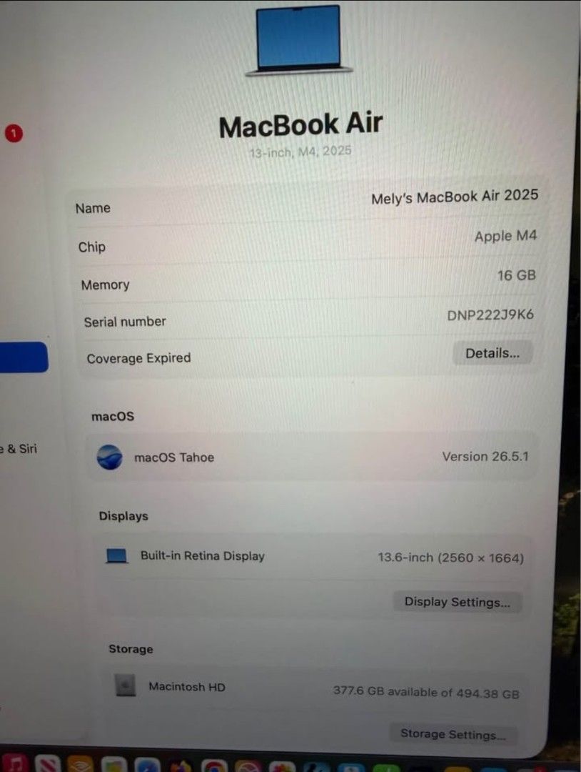 Macbook Air 13" / M4 / 2025 /512gb SSD /Silver (Category: Laptops & Notebooks) located in Quezon City. Submitted by fury_axtar (Listing ID 1462328519, Image 3). Description: Slightly used and female-owed! Battery Health - Normal 100% Cycyle Count - 28 Original charger and box included With trendy Casetify Case..