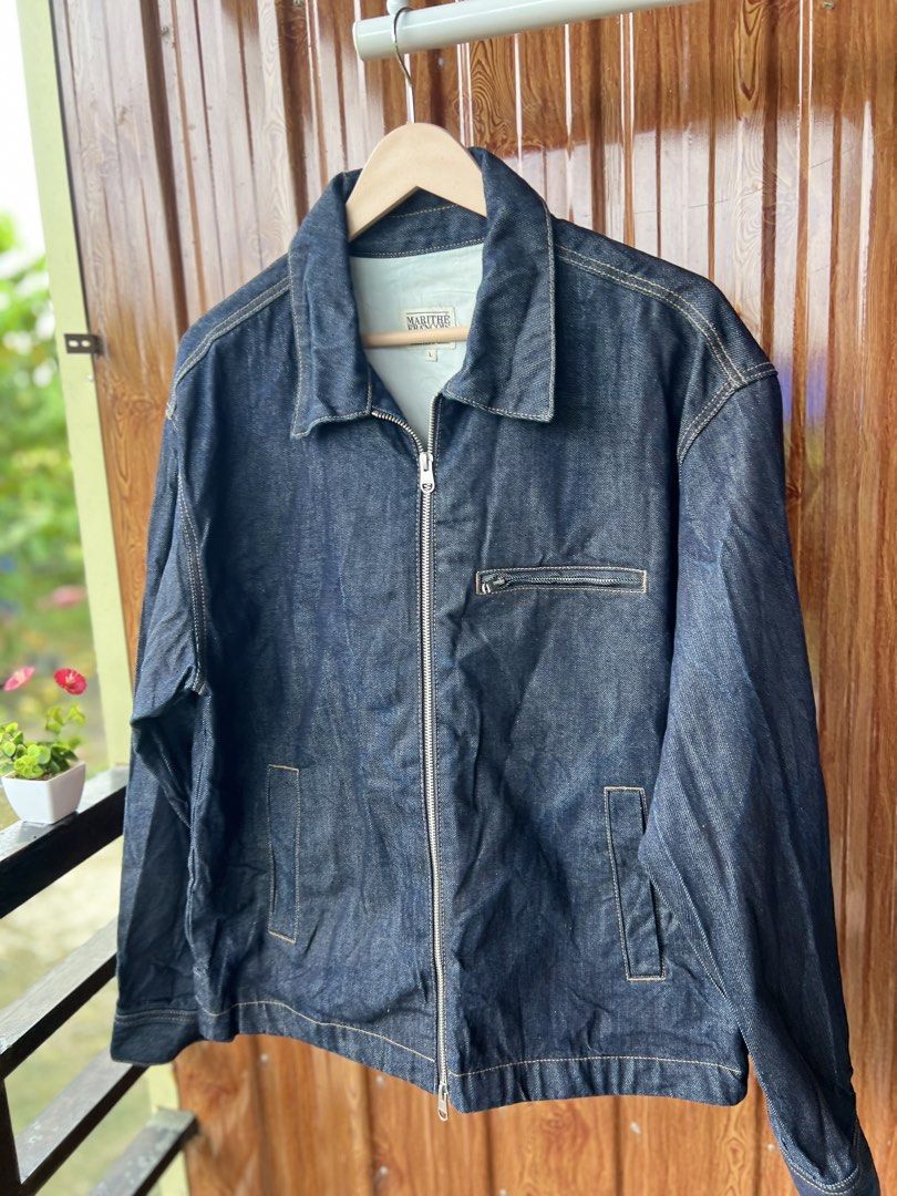 MARITHE FRANCOIS GIRBAUD Denim Jacket Size L (Category: Coats, Jackets and Outerwear) located in Bago City. Submitted by g___shop (Listing ID 1462345934, Image 3). Description: - Classic dark wash denim jacket - Brand: Marithe Francois Girbaud - Zip-up front closure - Chest pocket - Two side pockets - Simple collar - Versatile for layering - Selvedge - Size: L.