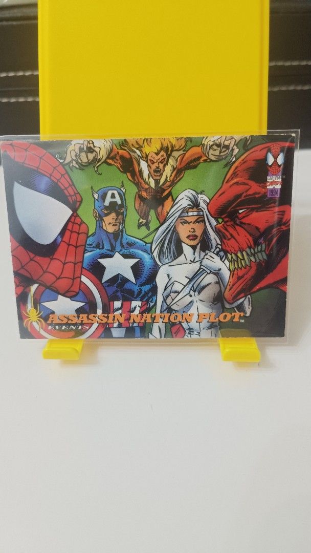 Marvel Comics Assassin Nation Plot Trading Card (Category: Raw Singles) located in Manila. Submitted by poks01 (Listing ID 1462418073, Image 1). Description: -Marvel trading card from the Assassin Nation Plot. -Features Spider-Man, Captain America, Sabretooth, and Silver Sable. - Played condtion -Perfect for Marvel fans.