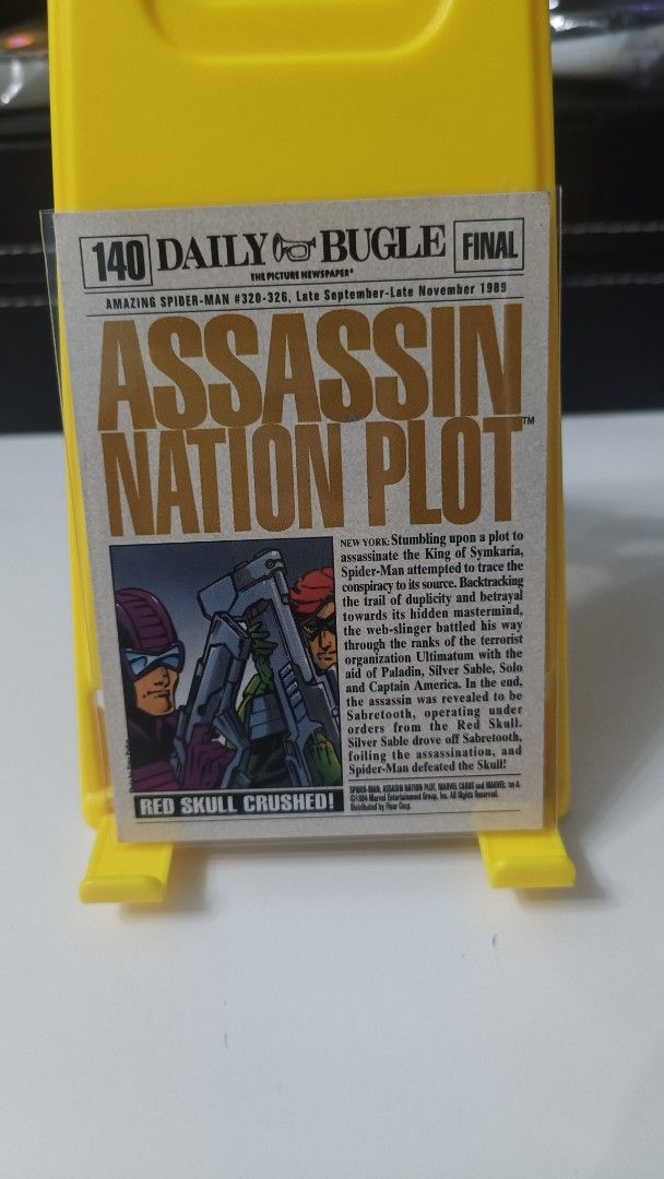 Marvel Comics Assassin Nation Plot Trading Card (Category: Raw Singles) located in Manila. Submitted by poks01 (Listing ID 1462418073, Image 2). Description: -Marvel trading card from the Assassin Nation Plot. -Features Spider-Man, Captain America, Sabretooth, and Silver Sable. - Played condtion -Perfect for Marvel fans.