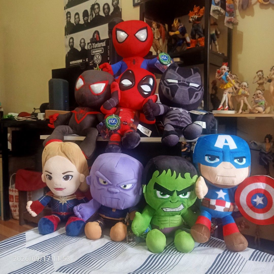 Marvel superheroes plushies (Category: Plushies & Soft Toys) located in Manila. Submitted by yaaaaaj- (Listing ID 1462314858, Image 1). Description: Top Row: Spider-Man (Classic Red/Blue) Middle Row: Miles Morales (Spider-Man), Deadpool, and Black Panther Bottom Row: Captain Marvel, Thanos, Hulk, and Captain America.