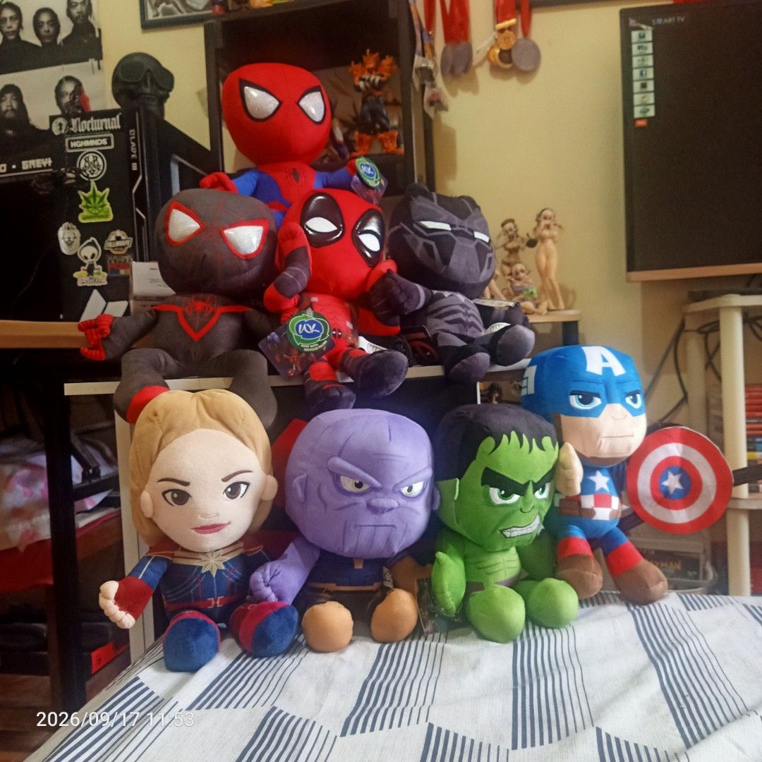 Marvel superheroes plushies (Category: Plushies & Soft Toys) located in Manila. Submitted by yaaaaaj- (Listing ID 1462314858, Image 3). Description: Top Row: Spider-Man (Classic Red/Blue) Middle Row: Miles Morales (Spider-Man), Deadpool, and Black Panther Bottom Row: Captain Marvel, Thanos, Hulk, and Captain America.