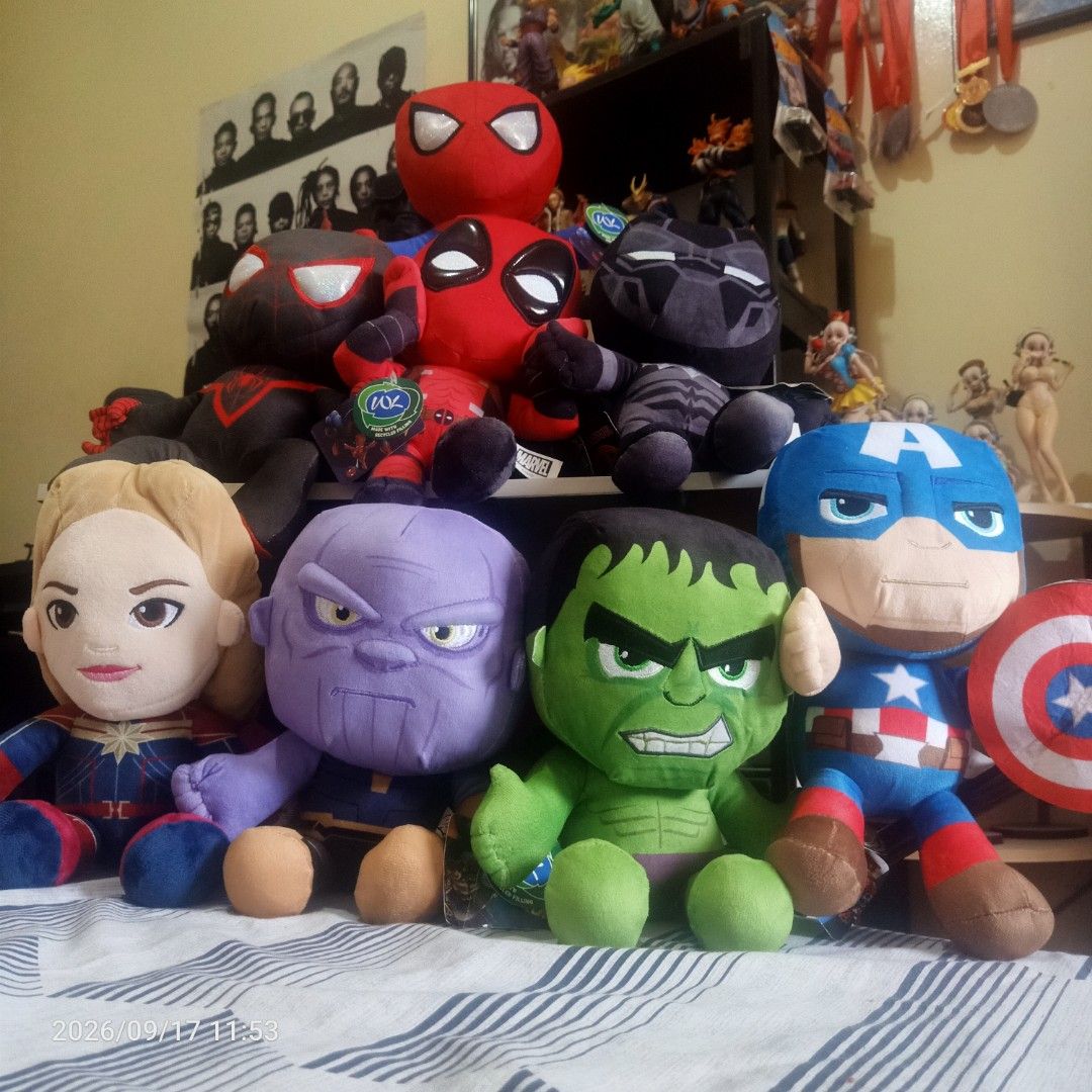 Marvel superheroes plushies (Category: Plushies & Soft Toys) located in Manila. Submitted by yaaaaaj- (Listing ID 1462314858, Image 2). Description: Top Row: Spider-Man (Classic Red/Blue) Middle Row: Miles Morales (Spider-Man), Deadpool, and Black Panther Bottom Row: Captain Marvel, Thanos, Hulk, and Captain America.