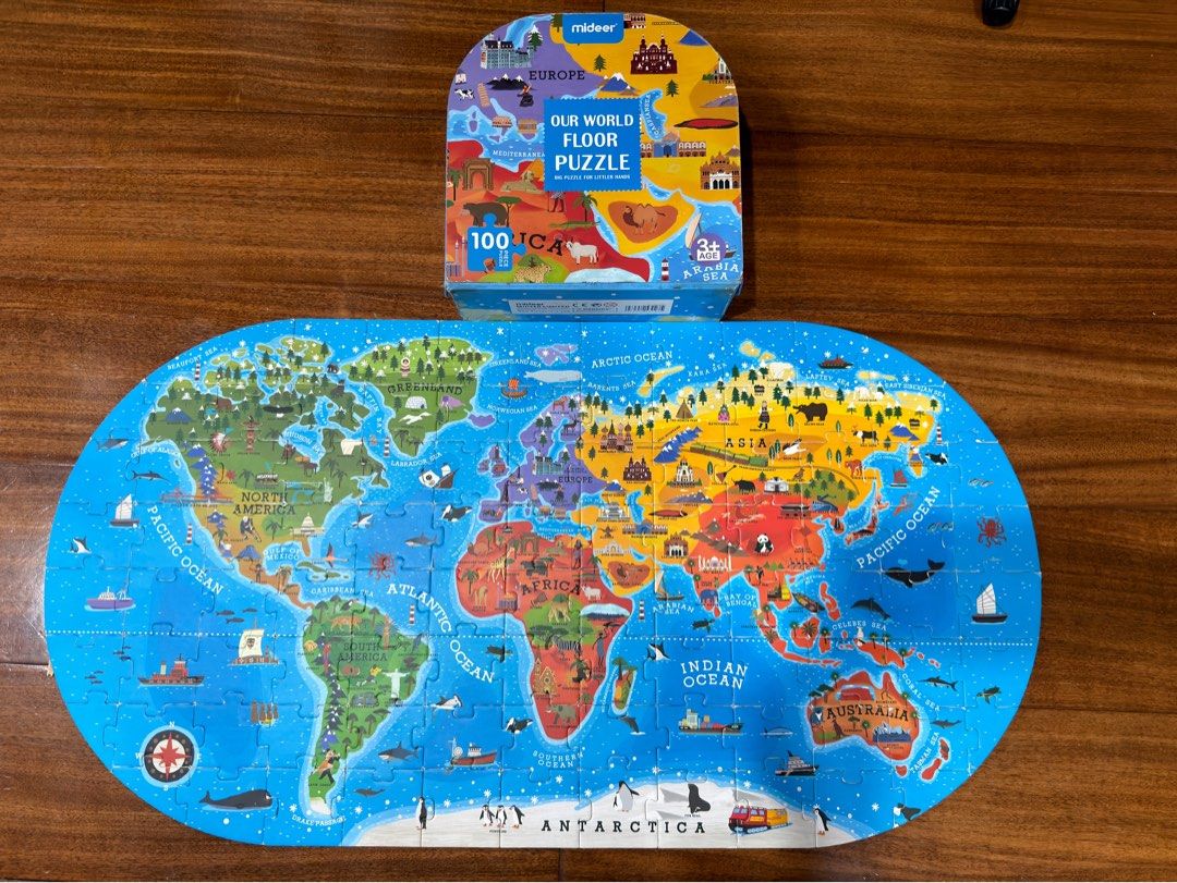 Mideer Our World Floor Puzzle 100 Pieces (Category: Board Games & Puzzles) located in San Juan City. Submitted by addieandmatty (Listing ID 1462278427, Image 2). Description: - Fun world map floor puzzle for kids - 100 pieces depicting continents, oceans, and landmarks - Big puzzle pieces, perfect for little hands - Educational and engaging playtime - Comes in original box.