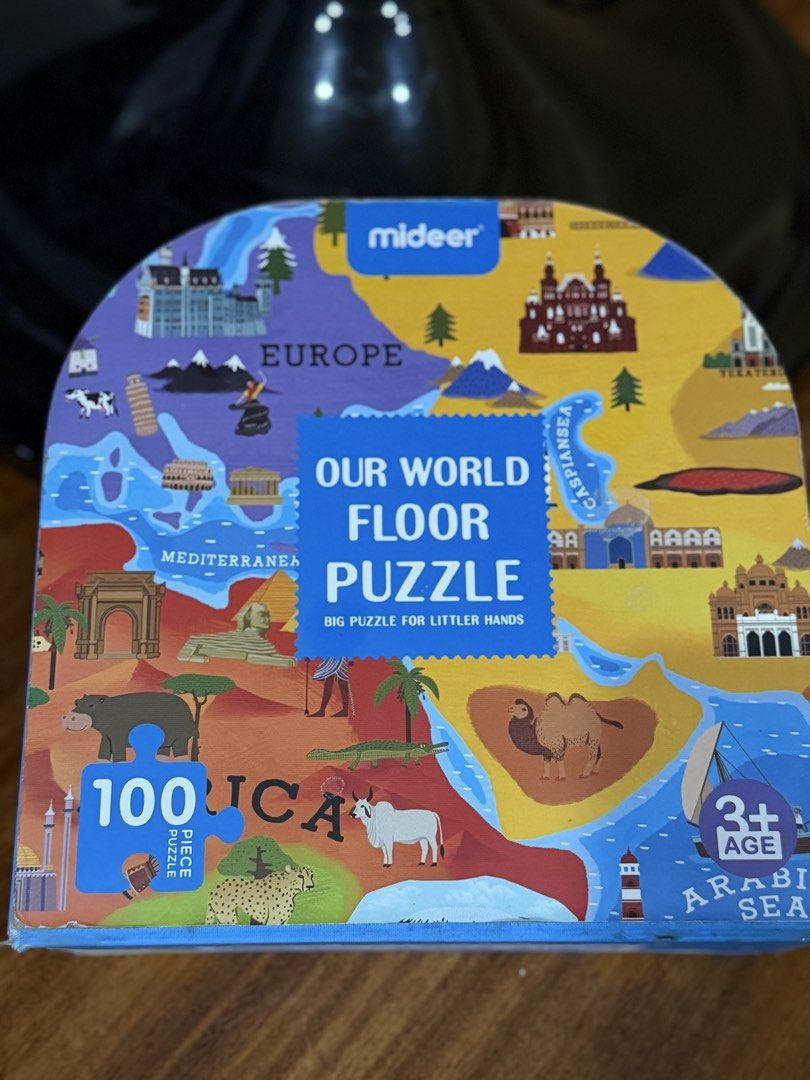 Mideer Our World Floor Puzzle 100 Pieces (Category: Board Games & Puzzles) located in San Juan City. Submitted by addieandmatty (Listing ID 1462278427, Image 1). Description: - Fun world map floor puzzle for kids - 100 pieces depicting continents, oceans, and landmarks - Big puzzle pieces, perfect for little hands - Educational and engaging playtime - Comes in original box.