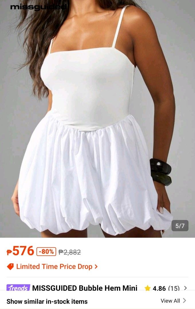 MISSGUIDED Bubble Hem Mini Dress White (Category: Dresses) located in Ligao. Submitted by febulous_19 (Listing ID 1462297280, Image 1). Description: - White mini dress - Bubble hem - Spaghetti straps - Square neckline - Super cute and fun, perfect for a summer day out - Versatile: pair with sandals or heels - Original Price: P2,882 - Now: P576 (Limited Time Price Drop!).