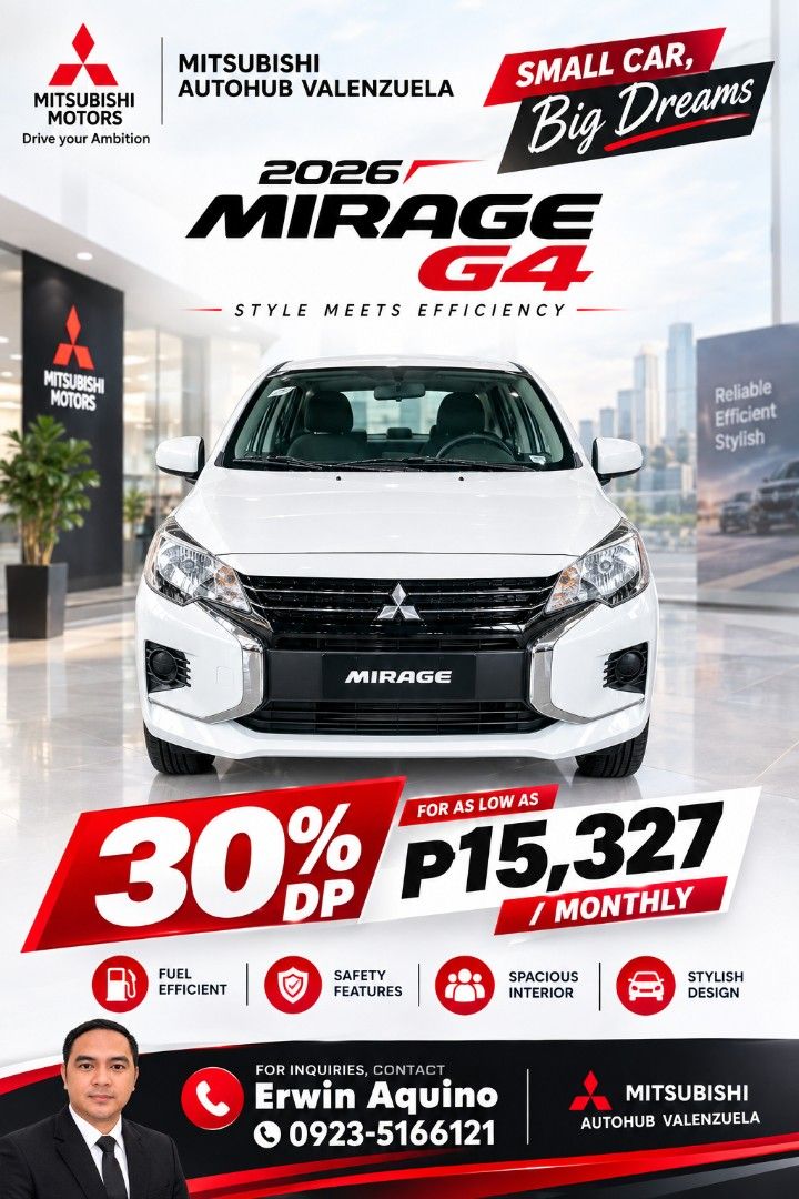 Mitsubishi Attrage 1.2 Elegance CVT (A) (Category: New Cars) located in Valenzuela. Submitted by erwinchoaquino (Listing ID 1462265019, Image 2). Description: 2026 Mirage G4 CVT 45k downpayment P15,327 Monthly requirements 2 valid id proof of billing coe or dti Erwin Aquino 0923-5166121 Mitsubishi Valenzuela.