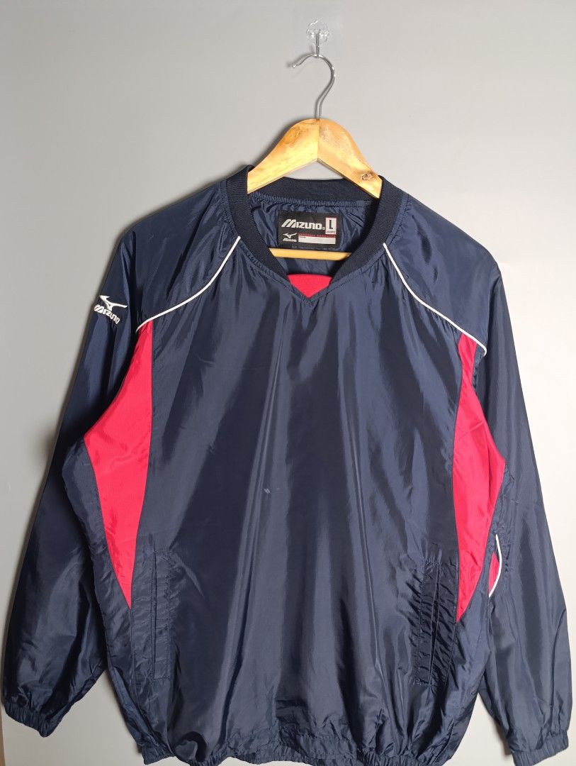 Mizuno Baseball Jacket L Navy Red White Windbreaker (Category: Coats, Jackets and Outerwear) located in Magalang. Submitted by acethriftonlineshop (Listing ID 1462433487, Image 1). Description: Mizuno V-neck Baseball Windbreaker Jacket Dimension: 24 x 28 Size: L-XL Price: 399 Needs wash.