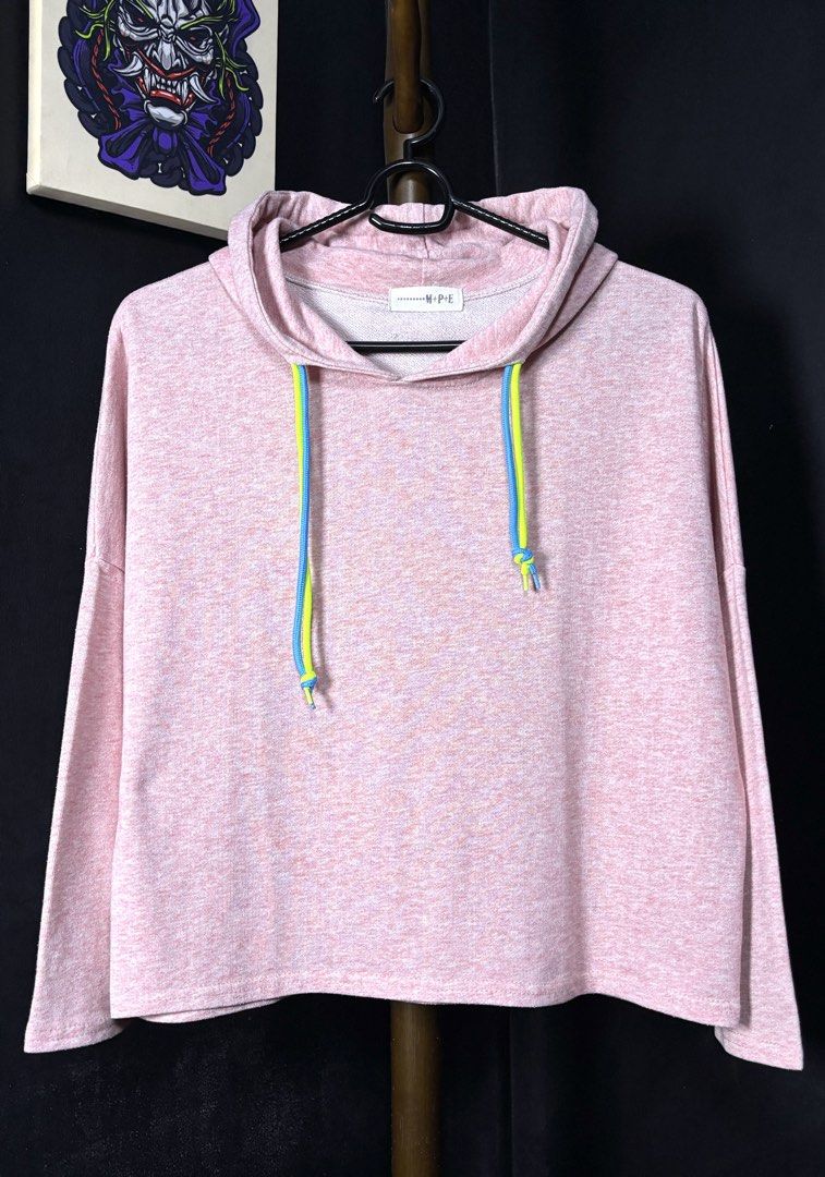 M+P+E Pink Marled Hoodie with Colorful Drawstrings (Category: Coats, Jackets and Outerwear) located in Bacoor. Submitted by calvinmanzano13 (Listing ID 1462298458, Image 1). Description: - L = 22” | W = 24.5” - Features a cowl neck - Colorful blue and neon green drawstrings - Relaxed fit, cropped style - Soft fabric, ideal for casual wear - Easy to pair with jeans or leggings Notes: ☑️ Hand washed ☑️ Polished ☑️ Steam ironed.