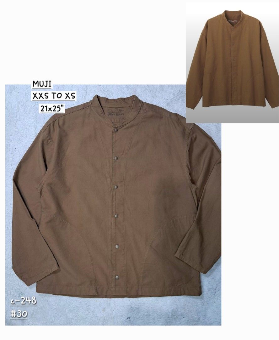 Muji unisex stand collar cotton jacket (Category: Coats, Jackets and Outerwear) located in Baguio. Submitted by mishmashfritz (Listing ID 1462394251, Image 1). Description: Like new, thrifted, no flaws, cotton button jacket, side pockets, xxs to xs on tag, see dimes for reference, stand collar, xxs to small teen/ women's.