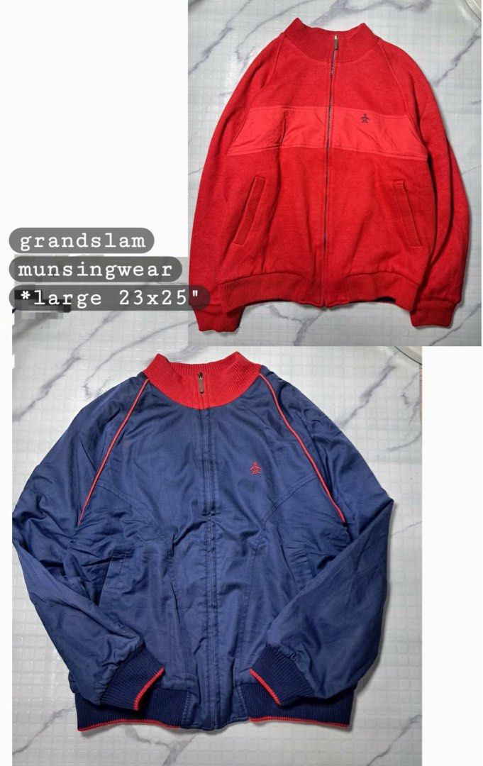 Munsingwear Grand Slam Zip-Up Reversible Jacket Large (Category: Coats, Jackets and Outerwear) located in Baguio. Submitted by padisellsz (Listing ID 1462346689, Image 1). Description: - Two Munsingwear Jackets: 1 Red, 1 Navy Blue with Red Trim - Very good condition - No issues - Size: Large (L) - Measurements: 23 inches wide, 25 inches long - Versatile: Ideal for casual wear or sports activities - Authentic Munsingwear: Features the signature pe