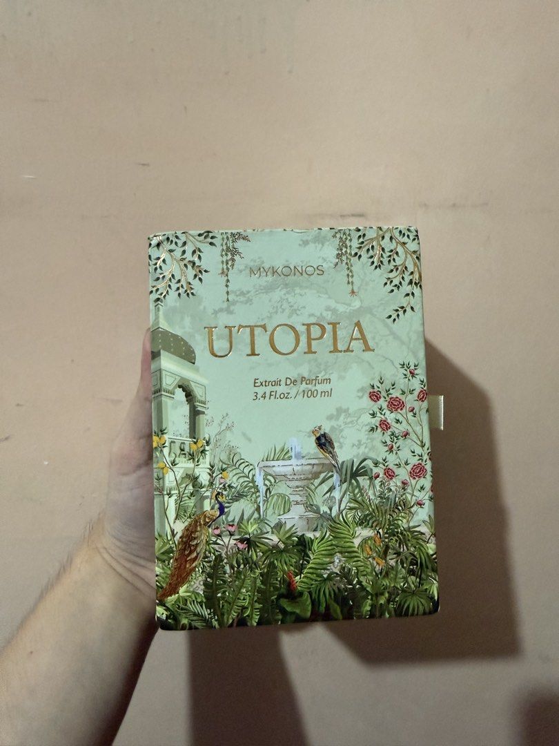 Mykonos Utopia Extrait De Parfum 100ml (Category: Fragrance & Deodorants) located in Bulacan. Submitted by josherue (Listing ID 1462320996, Image 1). Description: - Fragrance: Mykonos Utopia - Concentration: Extrait de Parfum - Size: 100ml bottle - Origin: Made in Indonesia - Authenticity: Batch number and expiry date clearly visible on the box. - Condition: Please check photos for detailed views. Only few sprays missing to test. Didn’t like it. 