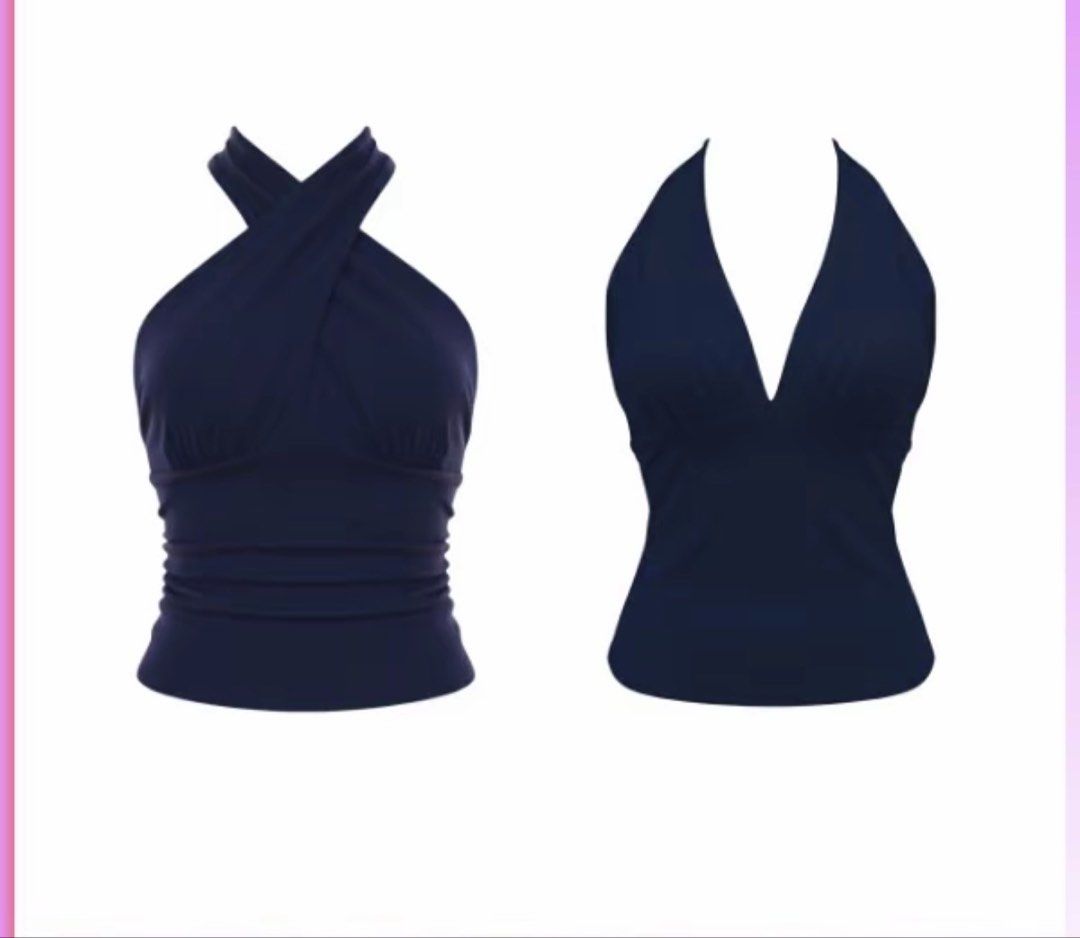 Navy Blue Halter Neck Wrap VERSATILE Top (Category: Sleeveless) located in Makati City. Submitted by cooldragon_2d8241 (Listing ID 1462286648, Image 1). Description: - L-XL 2 Way Top Navy blue halter top - Flattering wrap design - Deep V-neckline - Side ruching for a comfortable fit - Versatile for dressing up or down.