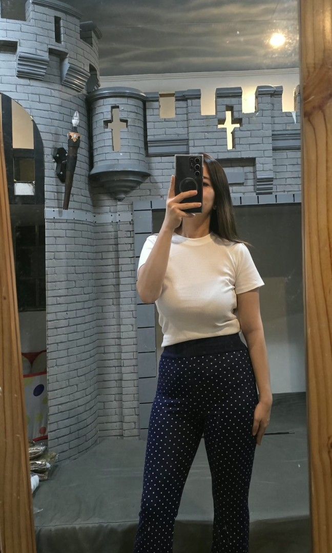 Navy Blue Polka Flare Leggings (Category: Other Bottoms) located in Manila. Submitted by kayencee_27 (Listing ID 1462415813, Image 3). Description: Brand new Polka Leggings With clear plastic Cotton spandex Garterized waist - 26"-32" Length - 42.