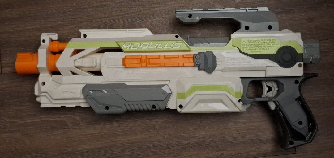 Nerf Modulus ECS-10 Blaster Toy Gun with Accessories (Category: Action & Battle Toys) located in Pasay City. Submitted by makkimonti (Listing ID 1462428245, Image 1). Description: has a bent storage stock (see slide 3) still attaches to maintain blaster - 8 darts has not been tested/used for the past 8 years needs batteries (4 AA) RFS: Decluttering - Nerf Modulus toy gun blaster - Includes stock attachment - Includes foregrip attachment - Include