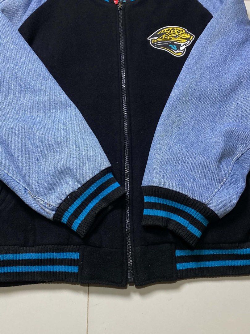NFL Jacksonville Jaguars Varsity Jacket (Category: Coats, Jackets and Outerwear) located in Tabaco. Submitted by byvinxent (Listing ID 1462264846, Image 3). Description: Details: Black wool body with denim-mix sleeves and embroidered Jacksonville Jaguars graphics on front and back. X-large 28 length 28 width Pm if interested 📩📩📩 Albay, Bicol📍.