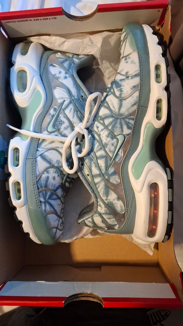 Nike Air Max Plus Tie-Dye Sneakers (Category: Sneakers) located in Manila. Submitted by shoedreamworkz (Listing ID 1462434589, Image 3). Description: - Nike Air Max Plus sneakers - Cool tie-dye pattern - White and blue/green colorway - Lace-up closure - Original Nike box included - Please note: Box has some damage.