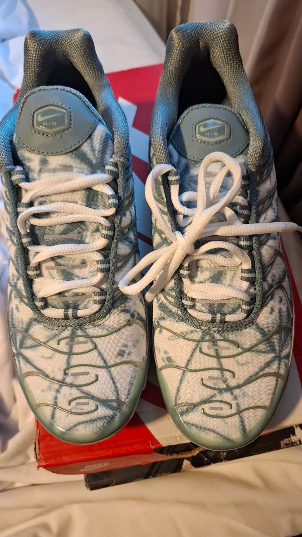 Nike Air Max Plus Tie-Dye Sneakers (Category: Sneakers) located in Manila. Submitted by shoedreamworkz (Listing ID 1462434589, Image 1). Description: - Nike Air Max Plus sneakers - Cool tie-dye pattern - White and blue/green colorway - Lace-up closure - Original Nike box included - Please note: Box has some damage.