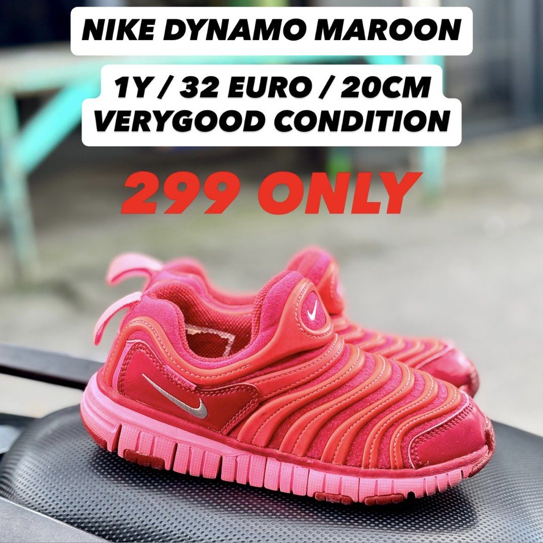 Nike Dynamo Maroon Toddler (Category: Babies & Kids Fashion) located in San Fernando. Submitted by kickslocker (Listing ID 1462351657, Image 1). Description: - Nike Dynamo Toddler Shoes - Size: 1Y (32 EUR / 20CM) - Color: Vibrant Maroon with Pink Accents - Condition: Very Good - Features: Easy Slip-On Style - Ideal for: Everyday Wear & Play.