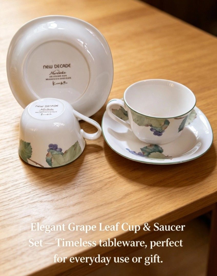 Noritake New Decade Kumiko Grape Leaf Cup & Saucer Set (Category: Coffee & Tea Tableware) located in Naga. Submitted by solamia (Listing ID 1462285672, Image 2). Description: - Beautiful Noritake cup and saucer set - Features a lovely grape leaf and vine design - Detergent safe (dishwasher safe) - Microwave safe - Oven safe - Ideal for daily use or as a thoughtful gift - Timeless tableware design.