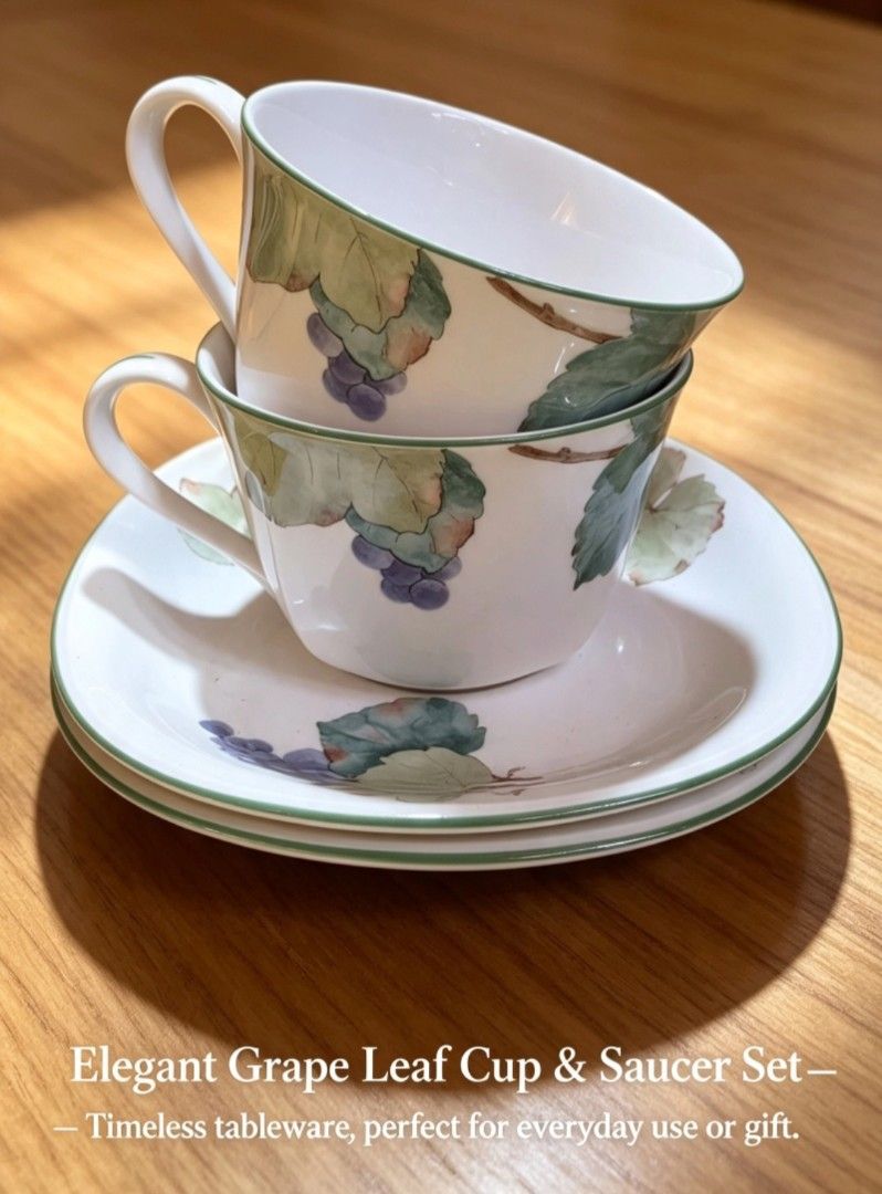 Noritake New Decade Kumiko Grape Leaf Cup & Saucer Set (Category: Coffee & Tea Tableware) located in Naga. Submitted by solamia (Listing ID 1462285672, Image 1). Description: - Beautiful Noritake cup and saucer set - Features a lovely grape leaf and vine design - Detergent safe (dishwasher safe) - Microwave safe - Oven safe - Ideal for daily use or as a thoughtful gift - Timeless tableware design.