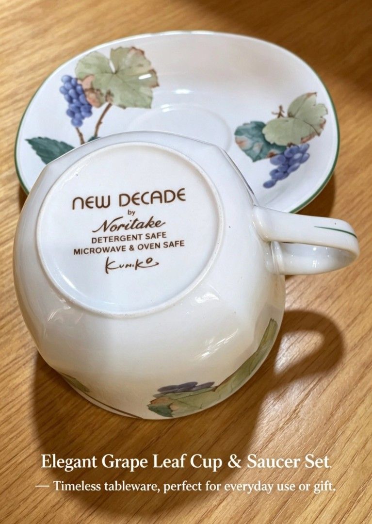 Noritake New Decade Kumiko Grape Leaf Cup & Saucer Set (Category: Coffee & Tea Tableware) located in Naga. Submitted by solamia (Listing ID 1462285672, Image 3). Description: - Beautiful Noritake cup and saucer set - Features a lovely grape leaf and vine design - Detergent safe (dishwasher safe) - Microwave safe - Oven safe - Ideal for daily use or as a thoughtful gift - Timeless tableware design.