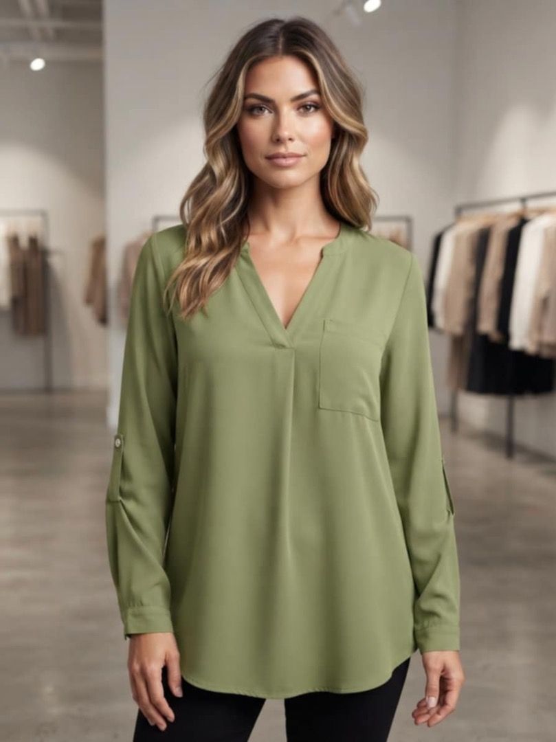 Olive Green Long Sleeve Collared Blouse (Category: Blouses) located in Tanjay. Submitted by madscart (Listing ID 1462399525, Image 2). Description: - Casual olive green blouse - Collared neckline with partial button closure - Long sleeves with roll-up tab - Single chest pocket - Lightweight fabric - Ideal for everyday wear.