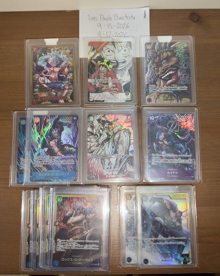 One Piece Card Game OP17 Hits (Category: Raw Singles) located in Quezon City. Submitted by smoant741 (Listing ID 1462423342, Image 1). Description: PL Manga Luffy - ₱55,000 SP Gold Luffy - ₱38,000 SP Haki Oden - ₱8500 Baki Kaido - ₱6500 SEC Loki - ₱600 each PSEC Xebec - ₱1800 each SEC Xebec - ₱700 each PSR Kaido - ₱650 📍 Symphony Towers Timog QC / Dona Imelda QC.