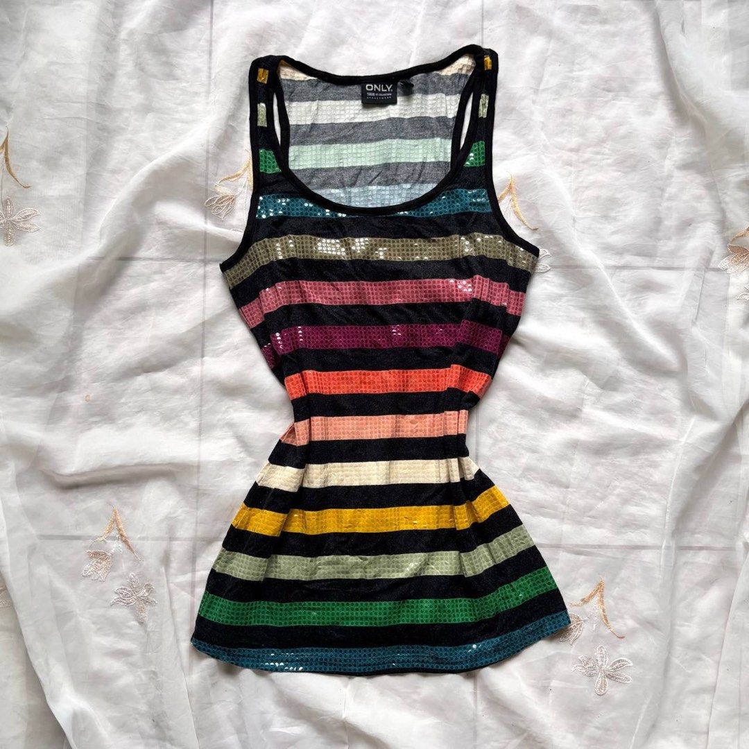 ONLY Striped Sequin Tank Top (Category: Sleeveless) located in Manila. Submitted by petalfinds_ (Listing ID 1462388176, Image 1). Description: ᥫ᭡.ִֶָ𓂃 colorful sequins tank top ౨ৎ 𝐛𝐫𝐚𝐧𝐝: only ౨ৎ 𝐬𝐢𝐳𝐞: medium to semi large 🫧⋆｡˚ 𝐝𝐞𝐭𝐚𝐢𝐥𝐬: PRETTYYYY! 🤍 no issue! ─── ⋆⋅☆⋅⋆ ── 𝖒𝖎𝖓𝖊 (𝖆𝖚𝖙𝖔 𝖞𝖔𝖚𝖗𝖘): 159.