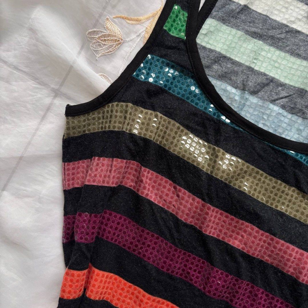 ONLY Striped Sequin Tank Top (Category: Sleeveless) located in Manila. Submitted by petalfinds_ (Listing ID 1462388176, Image 3). Description: ᥫ᭡.ִֶָ𓂃 colorful sequins tank top ౨ৎ 𝐛𝐫𝐚𝐧𝐝: only ౨ৎ 𝐬𝐢𝐳𝐞: medium to semi large 🫧⋆｡˚ 𝐝𝐞𝐭𝐚𝐢𝐥𝐬: PRETTYYYY! 🤍 no issue! ─── ⋆⋅☆⋅⋆ ── 𝖒𝖎𝖓𝖊 (𝖆𝖚𝖙𝖔 𝖞𝖔𝖚𝖗𝖘): 159.