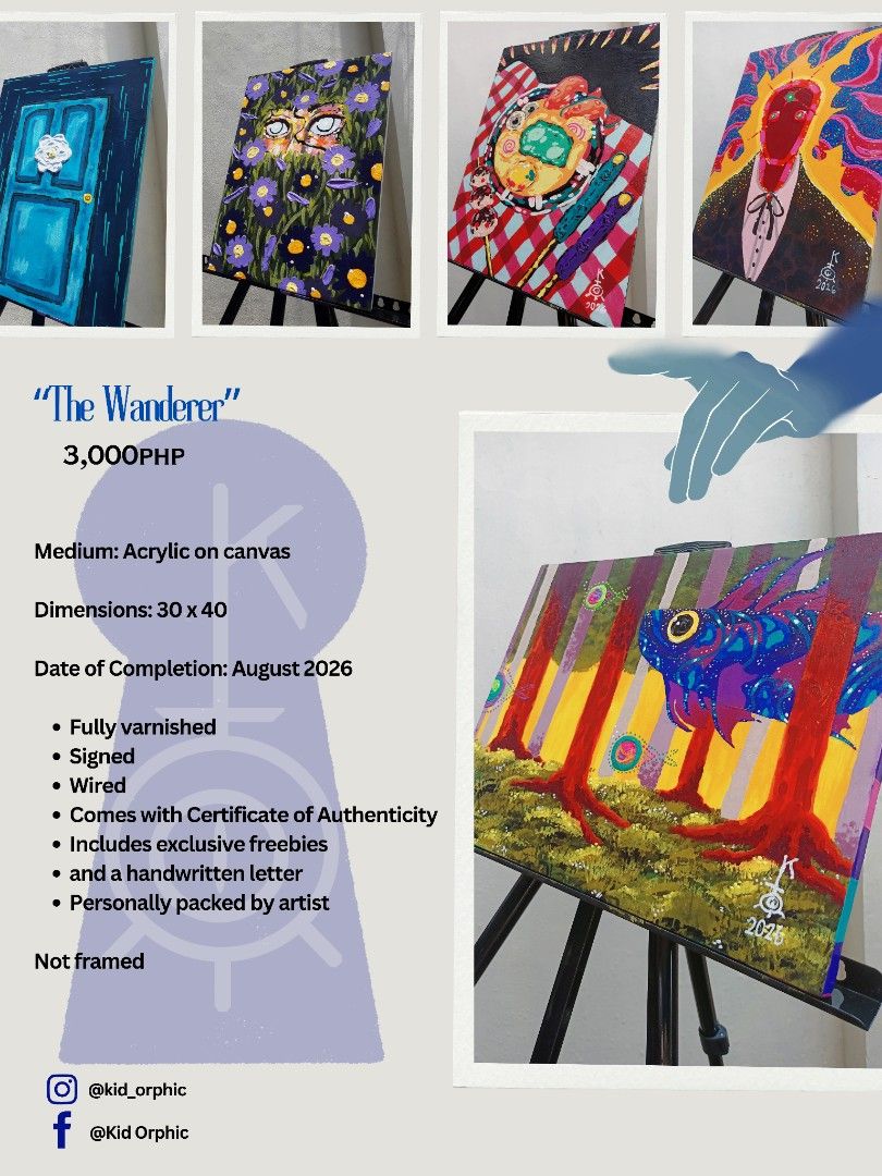 Original Acrylic Painting – “The Wanderer”- Signed Original Artwork (Category: Art & Prints) located in Manila. Submitted by kid_orphic (Listing ID 1462280979, Image 2). Description: Title: "The Wanderer" Medium: Acrylic on Canvas Dimensions: 30×40 "A whimsical artwork exploring themes of curiosity, self-discovery, transformation, personal growth, and the courage to pursue the unknown." * Metro Manila buyers only. * Comes with exclusive freebies 