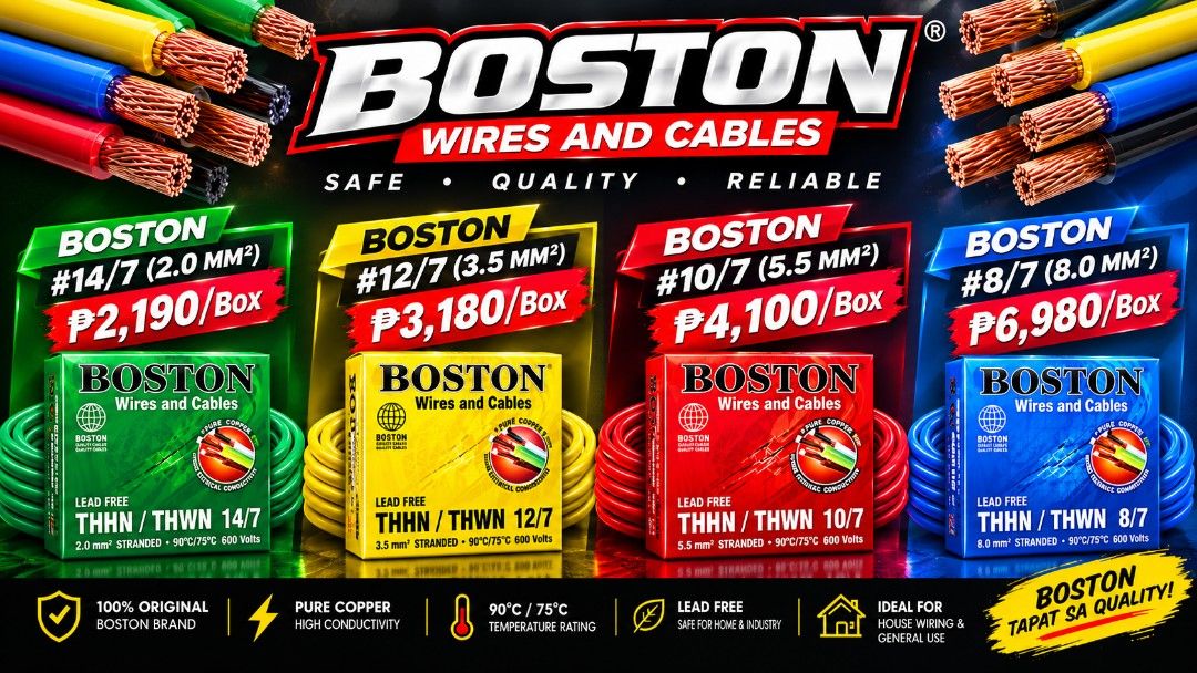 Original Boston Wire THHN (Per Box) (Category: Electrical, Lighting & Wiring) located in Quezon. Submitted by silveroceanonlineshop (Listing ID 1462281027, Image 1). Description: Boston wire #10/7 5.5mm - 4.1k pesos per box available ✅ Boston wire #12/7 3.5mm - 3.1k pesos per box available ✅.