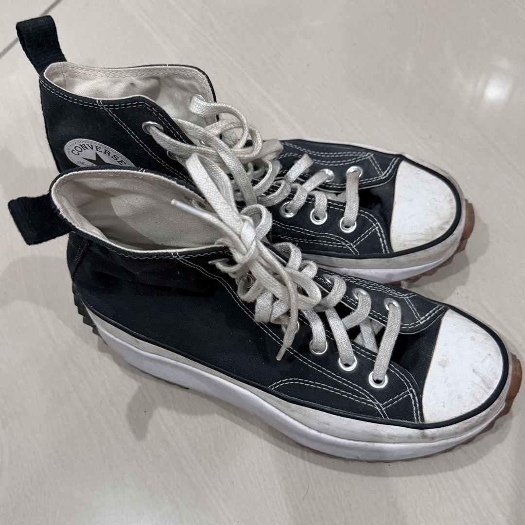 Original Converse Run Star Hike High Top Black White (Category: Sneakers) located in Taguig. Submitted by winterienne (Listing ID 1462424754, Image 1). Description: Classic black Converse Run Star Hike high tops. White laces and sole. Some scuffs on the toe cap and sole from regular wear. SIZE 38-39W NEEDS CLEANING ! .