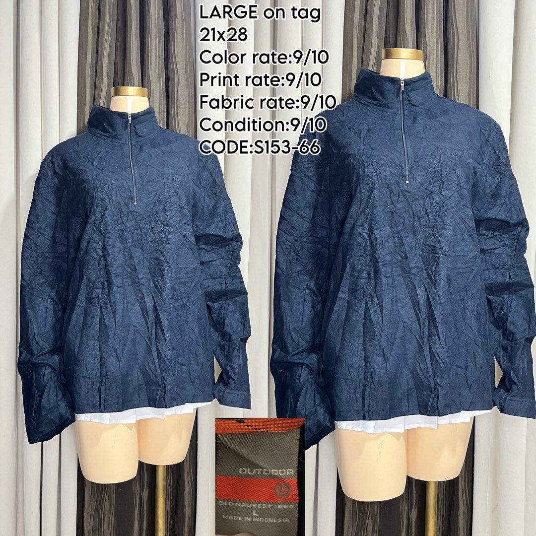 Outdoor Pullover Jacket Navy Blue Large (Category: Coats, Jackets and Outerwear) located in Naga. Submitted by rmapprl (Listing ID 1462398653, Image 1). Description: - Navy blue pullover jacket - Long sleeves with a quarter zip - Textured fabric for a unique feel - Size Large - Versatile for casual wear or outdoor activities.