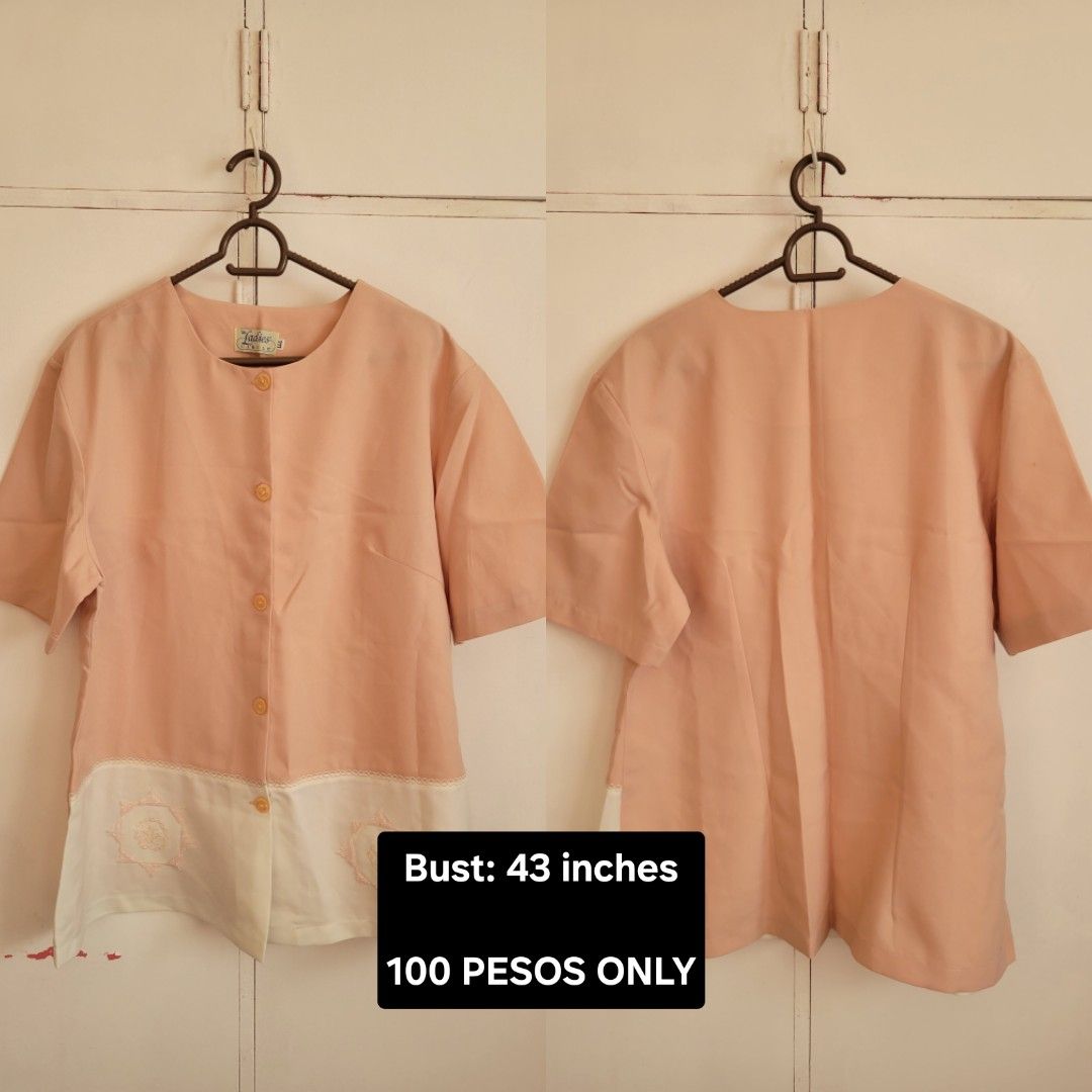 Peach Button-Up Blouse with Embroidered Hem (Category: Blouses) located in Bacoor. Submitted by itsmereyyy (Listing ID 1462315041, Image 1). Description: - Lovely peach-colored blouse - Short sleeves - Functional buttons down the front - Unique white hem panel with intricate embroidery and delicate lace trim - Bust measurement: 43 inches - Ideal for casual wear and everyday style.