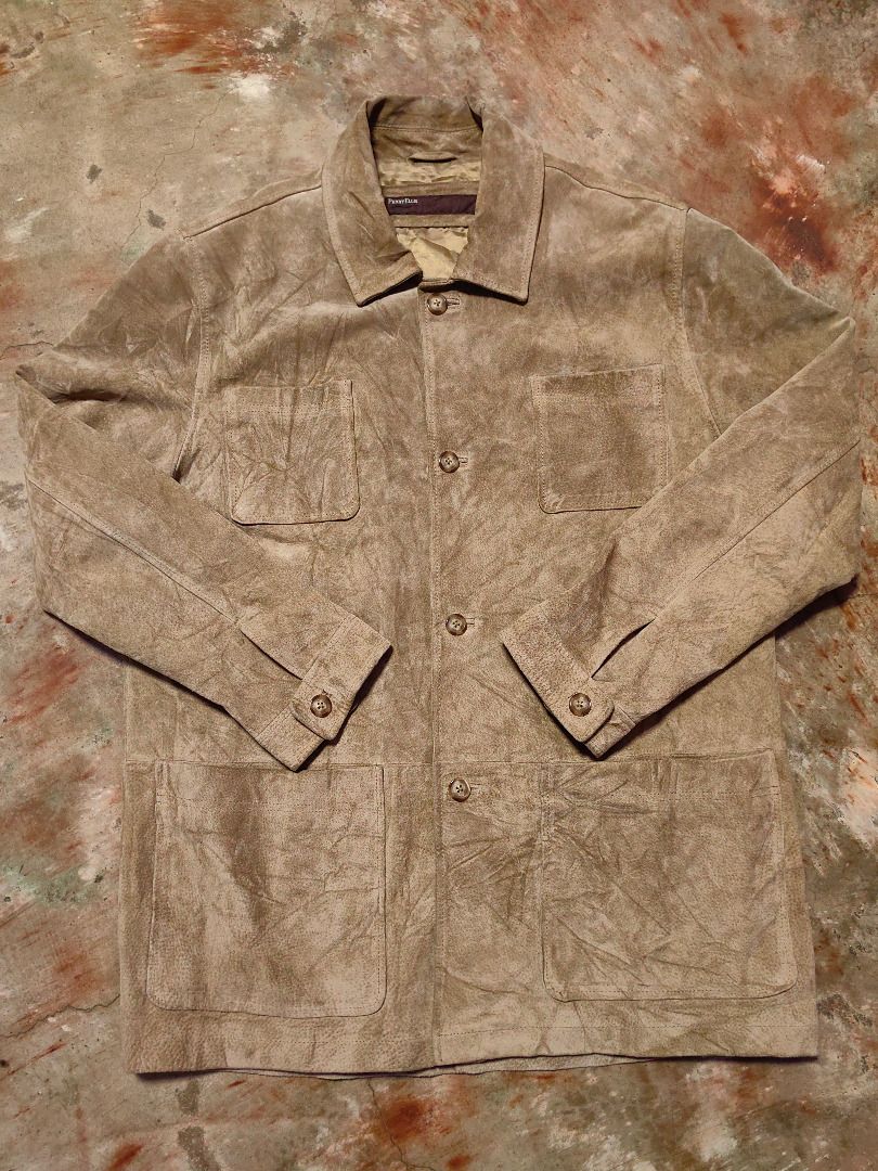PERRY ELLIS Suede Jacket with Button Cuffs (Category: Coats, Jackets and Outerwear) located in Tarlac. Submitted by jeremiah.curator.2026 (Listing ID 1462432995, Image 2). Description: - Classic tan suede jacket - Button detail on cuffs - Timeless style, great for layering - Measurements provided in photos.