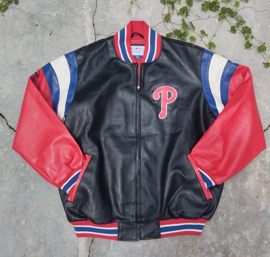 Philadelphia Phillies Baseball Jacket (Category: Coats, Jackets and Outerwear) located in Mati. Submitted by old_era.ph (Listing ID 1462297490, Image 2). Description: - Classic black and red baseball jacket - Features Philadelphia Phillies logo on front and back - "Philadelphia Phillies" text embroidered on the back - Ribbed collar, cuffs, and hem - Genuine merchandise - Size L.