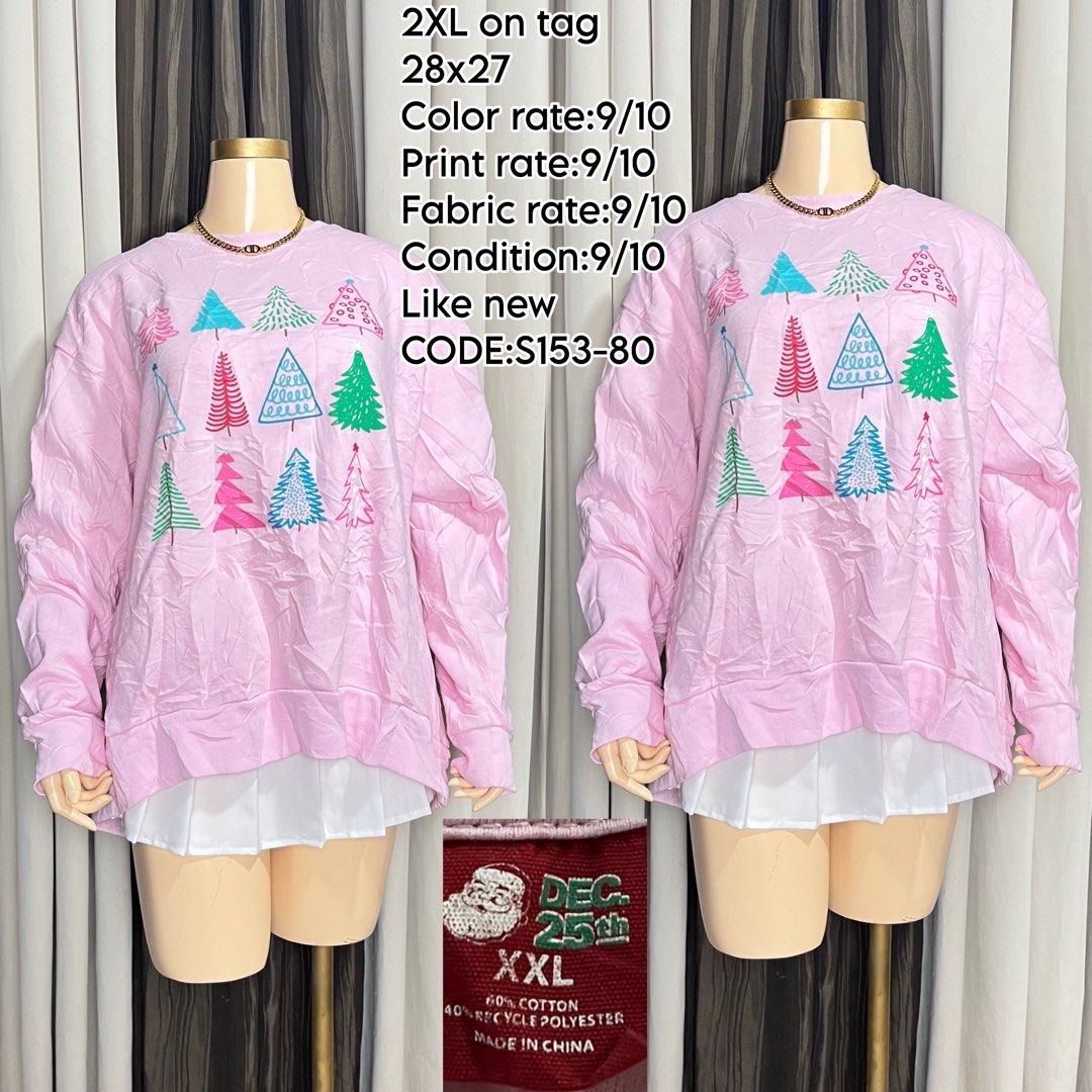 Pink Christmas Tree Sweatshirt XXL (Category: Longsleeves) located in Naga. Submitted by rmapprl (Listing ID 1462397655, Image 1). Description: - Cute pink sweatshirt with a festive Christmas tree print. - Size: XXL - Measurements: 28 inches (width) x 27 inches (length) - Material: 60% Cotton, 40% Recycled Polyester - Ideal for the holiday season! - Item Code: S153-80.