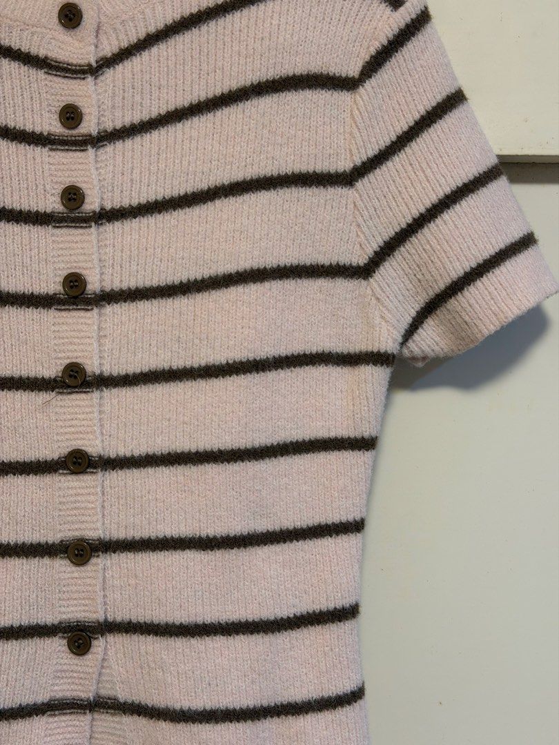Pink Striped Button-Up Knit (Category: Coats, Jackets and Outerwear) located in Antipolo. Submitted by elmclothing (Listing ID 1462398321, Image 2). Description: - Pink short-sleeved knit cardigan - Features dark brown stripes - Button-up front closure - Ribbed texture for a cozy feel - Estimated size: Small to Medium - Versatile for layering or wearing solo.