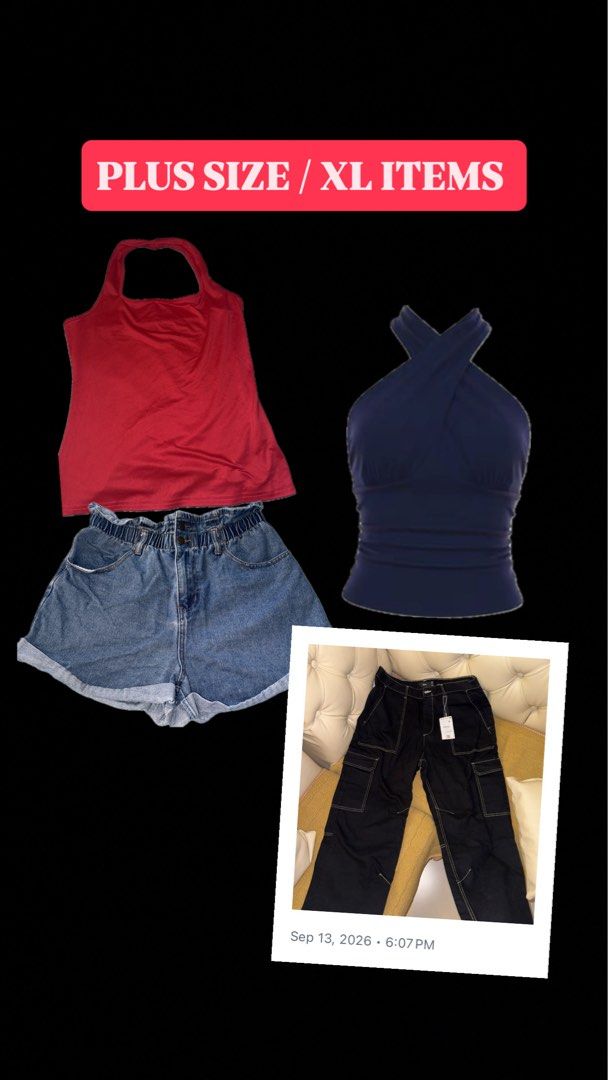 PLUS SIZE / XL ITEMS (Category: Sleeveless) located in Makati City. Submitted by cooldragon_2d8241 (Listing ID 1462358639, Image 1). Description: Check profile or dm for more information Plus size bundle - Red halter top - Navy criss-cross halter top - Cuffed denim shorts with paperbag waist - Black cargo pants with contrast stitching - Great mix and match pieces.