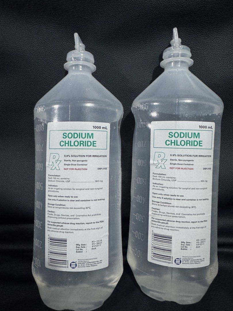 PNSS for Irrigation (Category: Medical Supplies & Tools) located in Makati City. Submitted by chrizsalyn (Listing ID 1462286574, Image 1). Description: - Two (2) bottles of 1000mL Sterile Sodium Chloride 0.9% Solution - For irrigation purposes only - Sterile and non-pyrogenic - NOT FOR INJECTION - Store in a cool, dry place, away from direct sunlight (below 30°C) - For external use only.