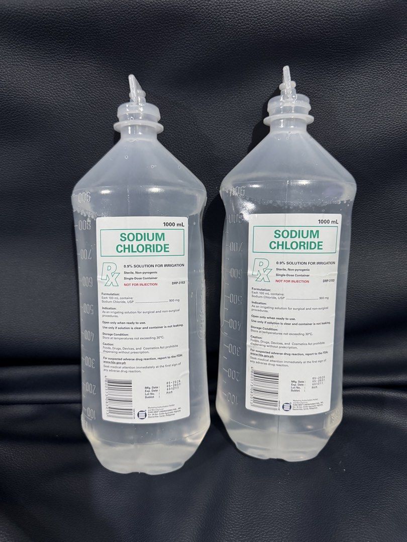 PNSS for Irrigation (Category: Medical Supplies & Tools) located in Makati City. Submitted by chrizsalyn (Listing ID 1462286574, Image 2). Description: - Two (2) bottles of 1000mL Sterile Sodium Chloride 0.9% Solution - For irrigation purposes only - Sterile and non-pyrogenic - NOT FOR INJECTION - Store in a cool, dry place, away from direct sunlight (below 30°C) - For external use only.