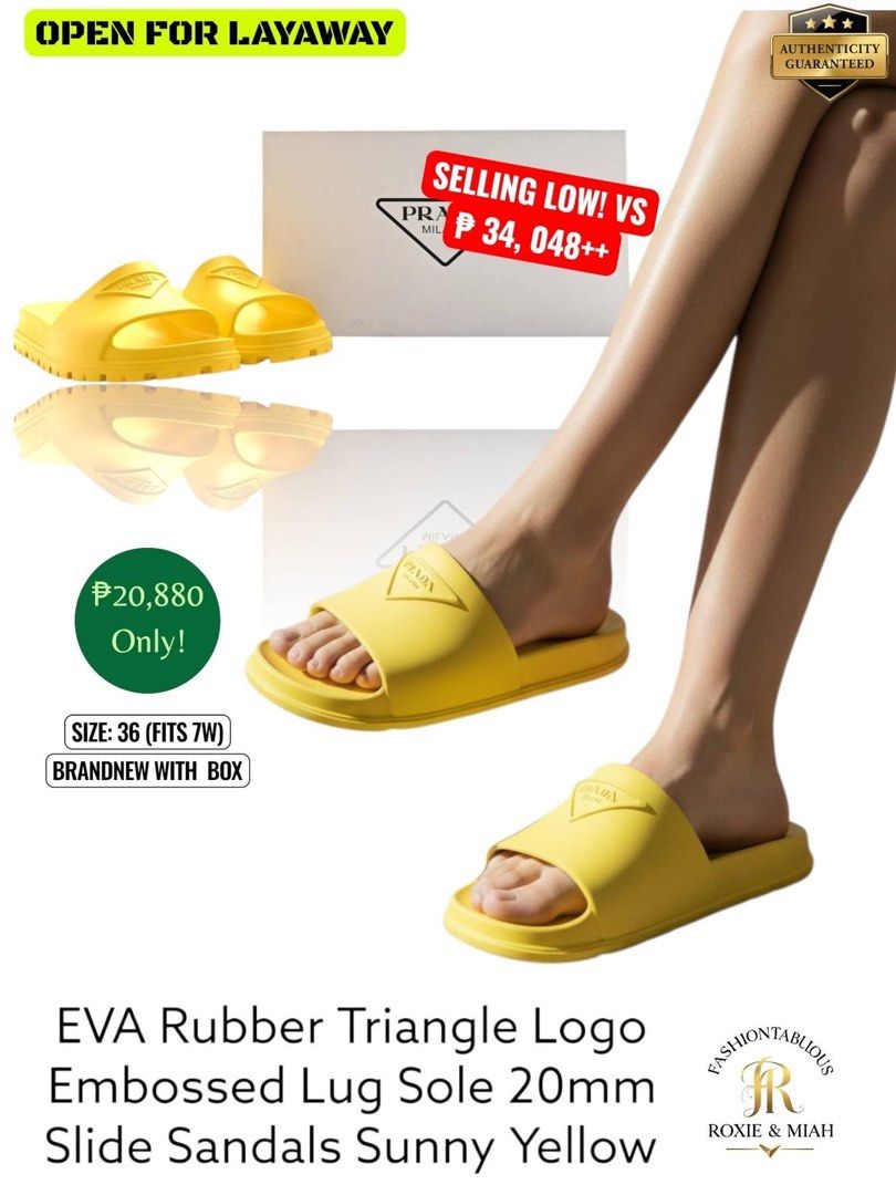 PRADA EVA Rubber Triangle Logo Lug Sole Slides 💛 (Category: Sneakers & Footwear) located in Mandaluyong City. Submitted by luxprelovedbagsparadise (Listing ID 1462407621, Image 1). Description: 🌞💛 SUNNY YELLOW. BOLD ENERGY. LUXURY COMFORT. 💛🌞 Make a statement wherever you go with these PRADA EVA Rubber Triangle Logo Lug Sole Slides — the perfect pop of color for your everyday look! ✨ That vibrant sunny yellow shade, iconic triangle logo, and
