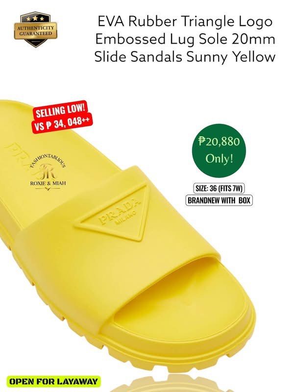 PRADA EVA Rubber Triangle Logo Lug Sole Slides 💛 (Category: Sneakers & Footwear) located in Mandaluyong City. Submitted by luxprelovedbagsparadise (Listing ID 1462407621, Image 2). Description: 🌞💛 SUNNY YELLOW. BOLD ENERGY. LUXURY COMFORT. 💛🌞 Make a statement wherever you go with these PRADA EVA Rubber Triangle Logo Lug Sole Slides — the perfect pop of color for your everyday look! ✨ That vibrant sunny yellow shade, iconic triangle logo, and